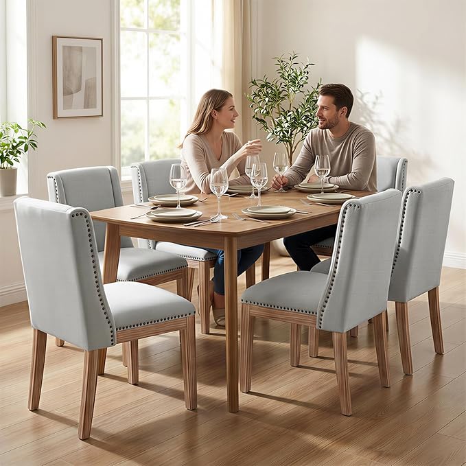 Dining Chair Set of 6, Upholstered Fabric Kitchen Side Chairs with Solid Wood Legs, Comfortable Seating for Kitchen, Dining Room & Restaurant, Grey