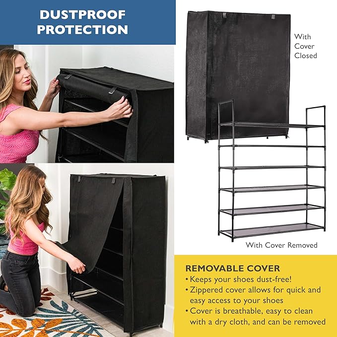 Sundaze Shoe Rack with Cover - 6 Tier Shoe Rack for Front Door Entrance, Sturdy Tall Shoe Organizer for Bedroom, Closet, Garage, Non Woven Fabric Shelf, Black, Holds Up to 30 Pairs