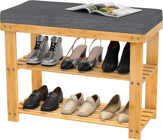 Domax Shoe Rack Bench for Entryway - Bench with Shoe Storage Front Door Shoe Bench with Cushion Upholstered Padded Seat 3 Tier Bamboo Shoe Holder for Entry Indoor Entrance Hallway Bedroom Living Room