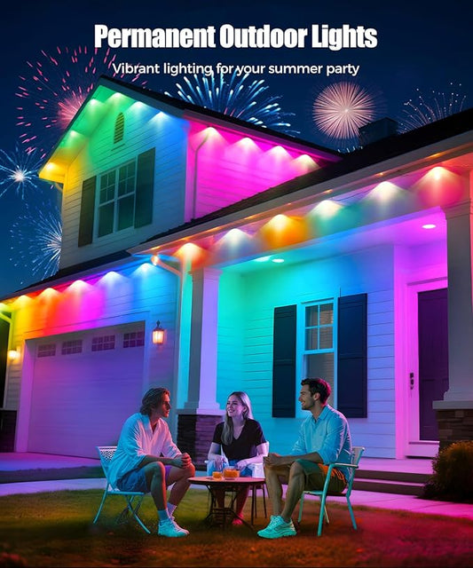 POOFZY Permanent Outdoor Lights for House,49ft RGB+IC Smart Outdoor Decor, 50 Scene Modes,App/Remote Control,IP67 Waterproof,for Christmas,Halloween,Daily & Holiday Party Decor,House Roof Lighting