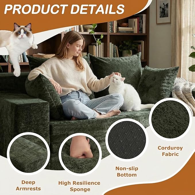 Convertible Sofa Bed, 5 in 1 Small Boneless Couch Pull Out Loveseat Sleeper Sofa,Corduroy Futon Couch Folding Mattress with 4 Pillows for Living Room (Green, Loveseat(Silky Velvet))