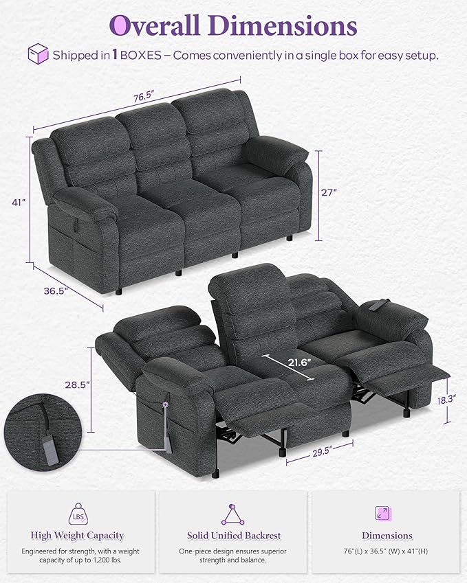 TYBOATLE Power Reclining Sofa, 3 Seater Electric Reclining Sofa with Dual Motors and Remote Control, Chenille Couch w/Side Pockets for Living Room, Game Room, 76.5" Wide (Grey)