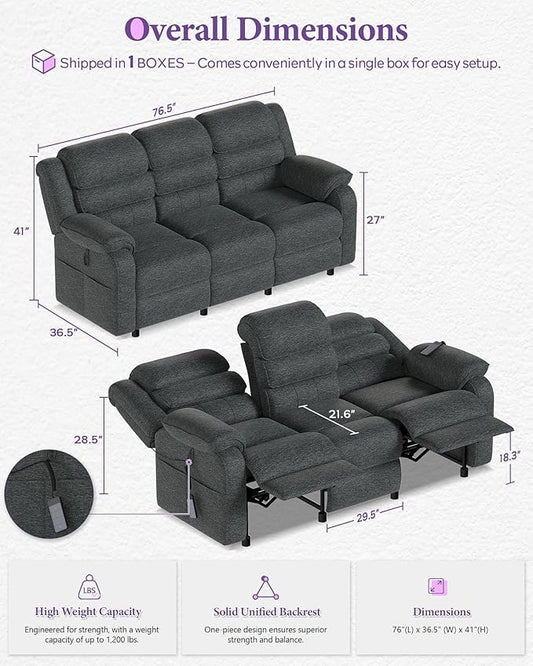 TYBOATLE Power Reclining Sofa, 3 Seater Electric Reclining Sofa with Dual Motors and Remote Control, Chenille Couch w/Side Pockets for Living Room, Game Room, 76.5" Wide (Grey)