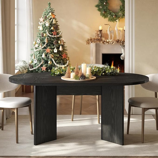 LITTLE TREE 63" Rustic Oval Dining Table for 4-6, Sturdy MDF Farmhouse Kitchen Table with Metal Strip Base, for Living Room, Office, Restaurant, Multi-Use, Black