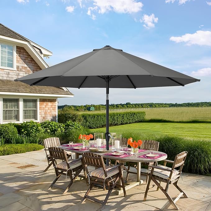 MASTERCANOPY 9FT Patio Umbrella with Push Button Tilt and Crank, Outdoor Market Umbrella with 8 Sturdy Ribs, UV Protection & Waterproof for Garden, Deck, Backyard, Pool (Dark Gray)