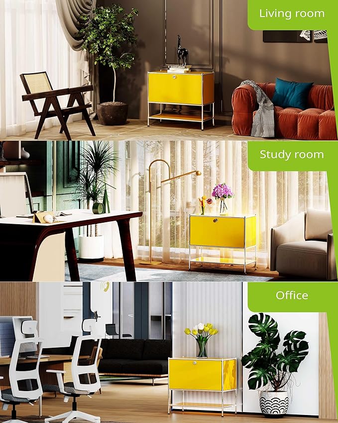 Metal Sidetable with Flap Door, 27.5" Height - DIY Modern Furnishing for Home, Office, Foyer, Bedroom - Night Stand, Book Shelf, Bookshelf, Cube Storage Organizer, Bedside Table (Matt Yellow)