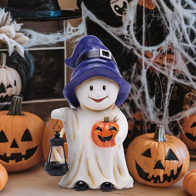 TERESA'S COLLECTIONS Halloween Decorations, Ghost Decor, Medium Ghost with Solar Light, Waterproof Resin Halloween Decor, Party Gifts Indoor/Outdoor