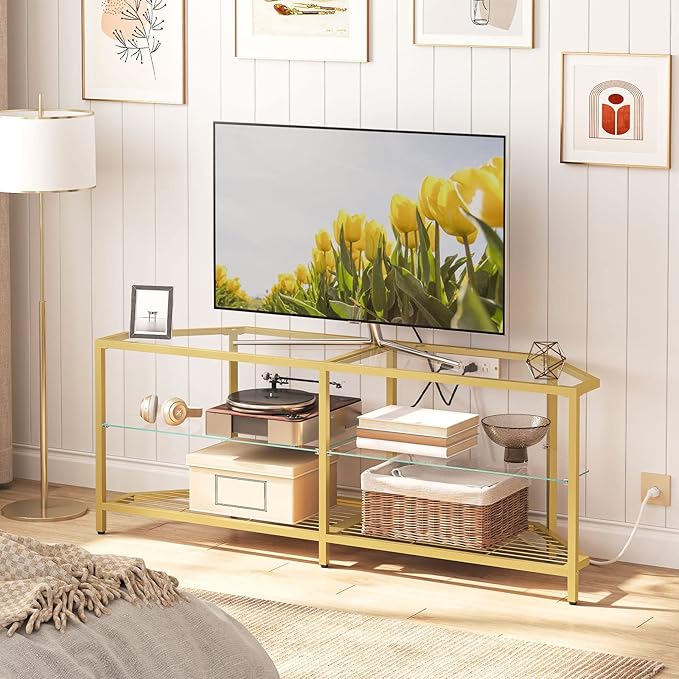 HOOBRO Corner TV Stand with Power Outlet for TVs up to 60", Modern 55" Corner TV Console Table with Open Shelves, Tempered Glass Media Entertainment Center for Living Room, Bedroom, Gold GD143UDS01