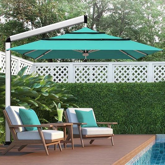 EliteShade USA Atlas 3-Tier 10x10FT Full Aluminum Cantilever Patio Umbrella for Outdoor restaurant Garden Courtyard Deck Pool and Marketing with Light,Teal