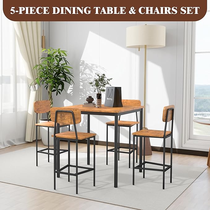 Kitchen Table and Chairs of 4, 5 Piece Dining Table Set, Sturdy Industrial Space Saving Dinette Set for Pub, Family Dinners, Apartment, Brown