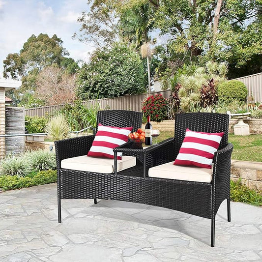 Tangkula Wicker Patio Conversation Furniture Set, Outdoor Furniture Set with Removable Cushions & Table, Tempered Glass Top, Modern Rattan Bench for Garden Lawn Backyard (White)