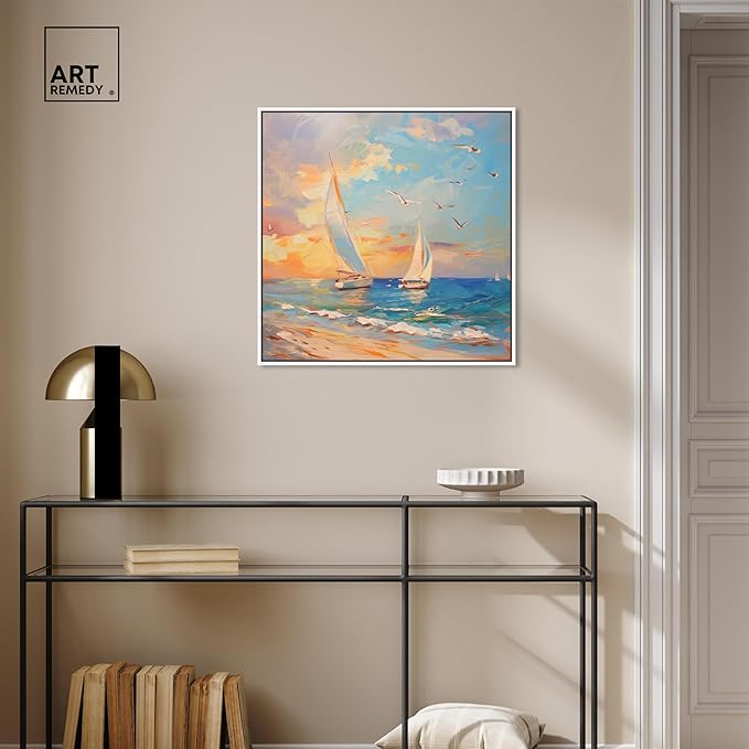 Art Remedy Sailboats In The Sunset Framed Sailing 1 Piece Canvas Wall Art, 25" x 25", White Frame