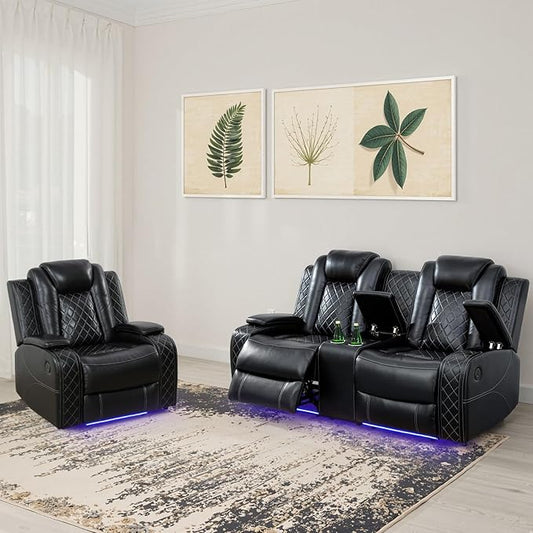 Power Recliner Sofa Set for Living Room, Leather Reclining Sofa Sets with Storage Console, Living Room Furniture Sets with LED Lights(Loveseat and Chair,Black)