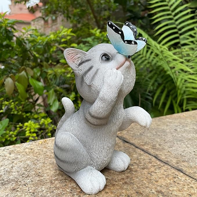 Solar Cat Outdoor Figurines Garden Decor with Butterfly Light for Lawn Ornaments Porch Patio Balcony Yard Decorations Outdoor Birthday Gifts for Women Grandma Mother’s Day