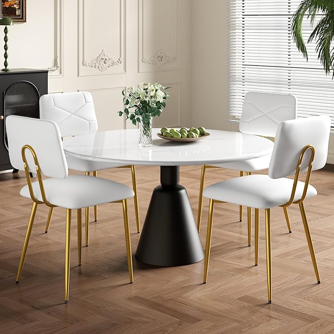 VECELO Dining Chairs Set of 4, Modern Upholstered Kitchen Chairs with Faux Leather Cushion Seat & Metal Legs for Kitchen, Living Room, Tufted Backrest Design, White