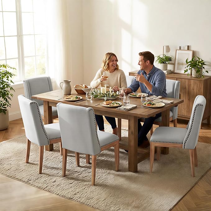 Dining Chair Set of 6, Upholstered Fabric Kitchen Side Chairs with Solid Wood Legs, Comfortable Seating for Kitchen, Dining Room & Restaurant, Grey