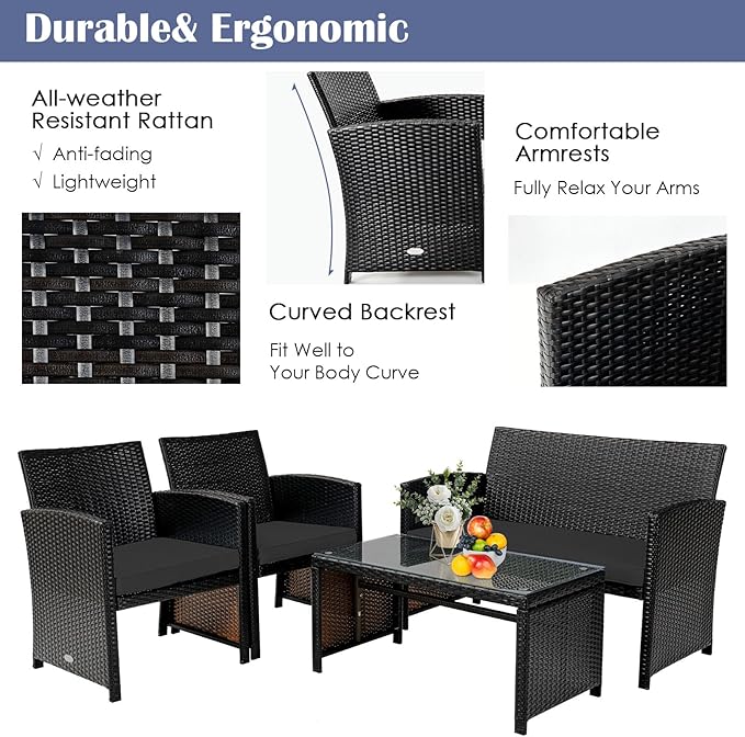 Tangkula 4 Pieces Rattan Furniture Set, Outdoor Conversation Set w/Chair & Loveseat & Tempered Glass Coffee Table, Suitable for Garden, Backyard, Poolside, Patio Furniture Set for 4 (1, Black)