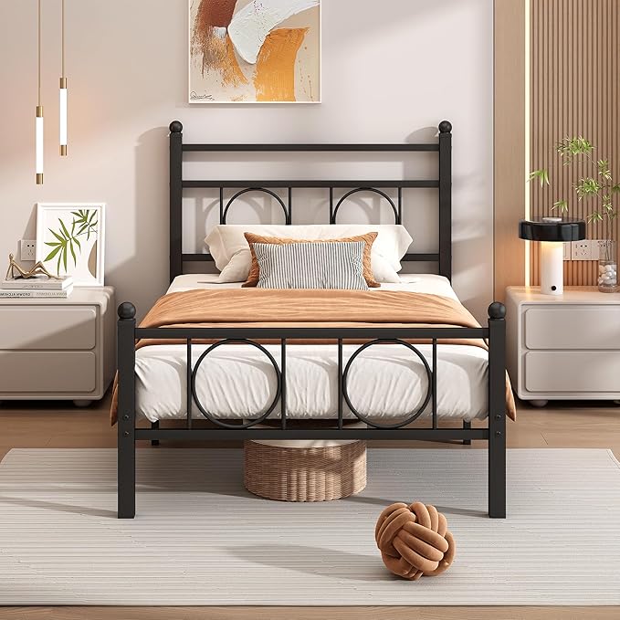 Twin Size Bed Frame Classic Metal Platform Bed Frame Mattress Foundation with Victorian Style Iron-Art Headboard/Footboard/Storage Space/No Box Spring Needed/Black