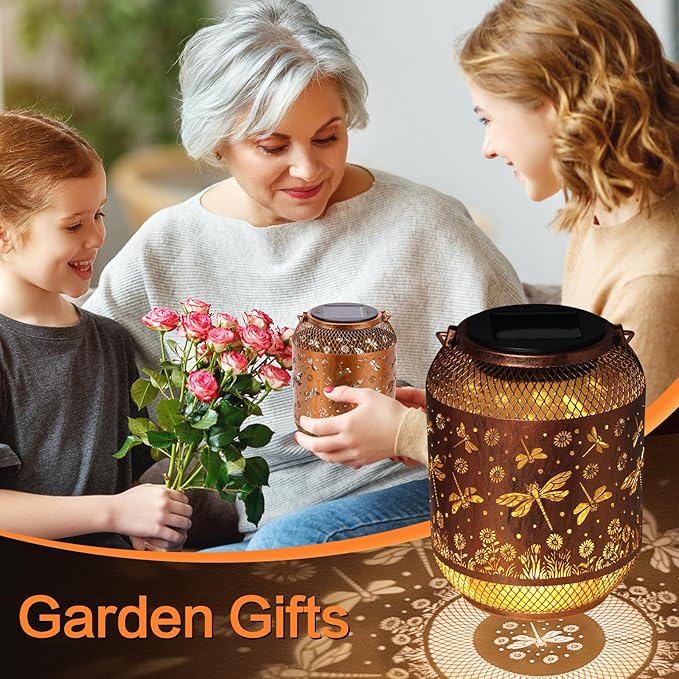 Dragonfly Solar Lanterns Outdoor Waterproof Garden Decor Gifts for Mom Women Grandma Metal Hanging Solar Lights Outdoor Decoration for Patio,Yard,Porch,Backyard