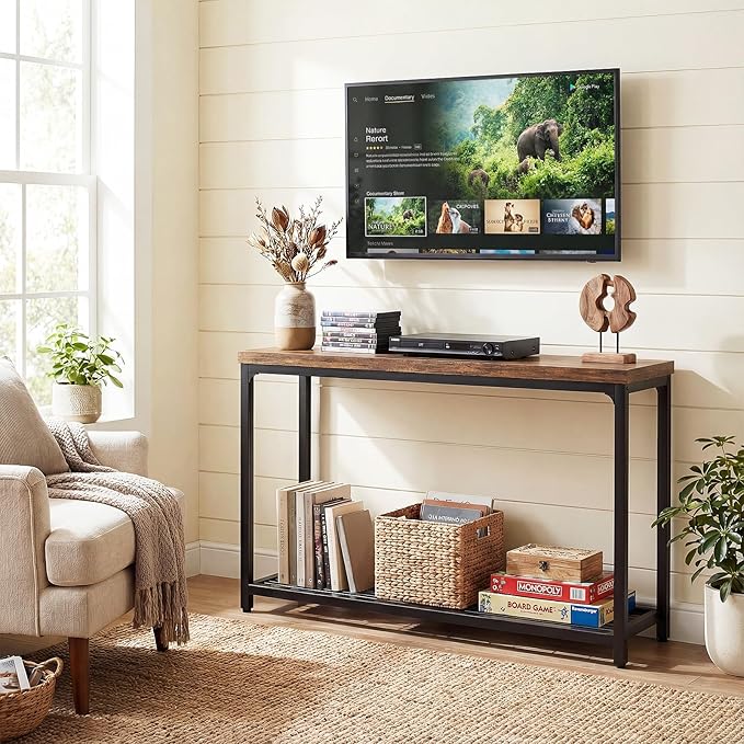 Console Table for Entryway, Narrow Entryway Table with Storage, Sofa Table with Mesh Shelves, Console Tables for Living Room, Bedroom, Hallway, Foyer (2 Tier, Rustic Brown, 47 inch)
