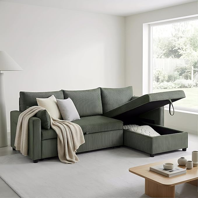 Sectional Sleeper Sofa with Pull Out Bed, LShape Convertible Sofa Bed Couch with Storage Chaise, 3 in 1 Pull Out Sofa Bed with 3 Seats, for Living Room,Apartment, Green, 85Inch