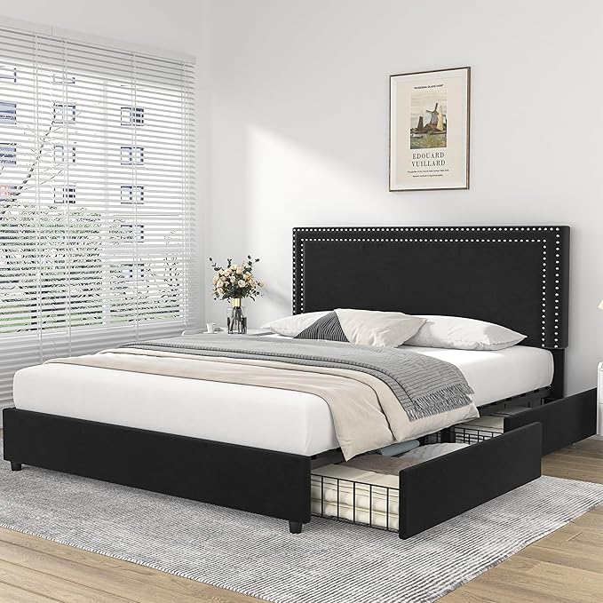 VECELO Queen Size Upholstered Platform Bed Frame with 4 Storage Drawers, Adjustable Velvet Rivets Headboard, Wooden Slats Support, No Box Spring Needed, Easy Assembly