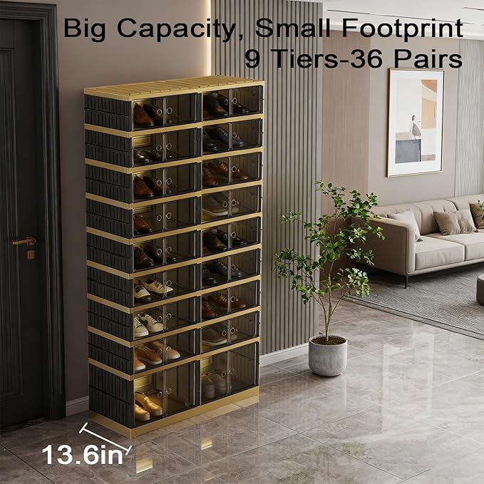 Foldable Shoe Rack Organizer 9 Tiers 36 Pairs Shoe Shelf with Doors, Large Collapsible Shoe Cabinet, Folding Plastic Storage Boxes, Easy Assembly Shoe Storage Bins for Entryway, Black Gold