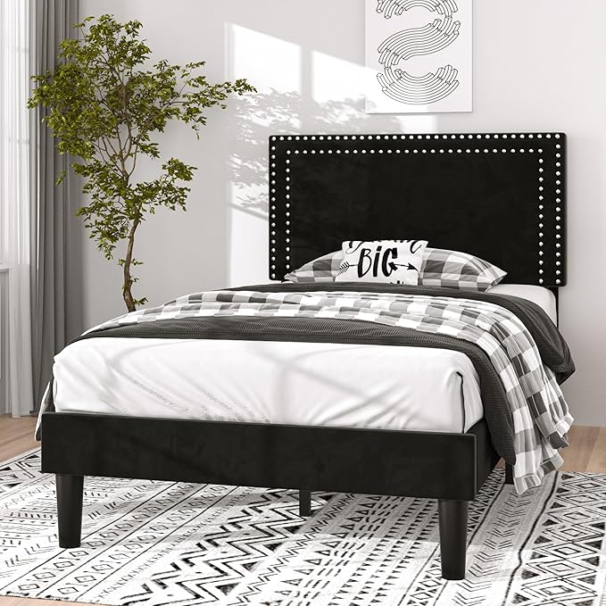 VECELO Twin Size Platform Bed Frame with Adjustable Upholstered Headboard, Nailhead Decor, Strong Wood Slat Support, No Box Spring Needed, Easy Assembly