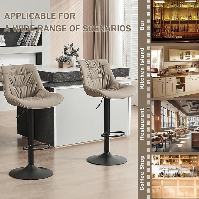 Kidol & Shellder Bar Stools Set of 2 Adjustable Swivel Khaki, PU Leather Upholstered with Back, Modern Counter Height Stools for Kitchen Island, Home Bar