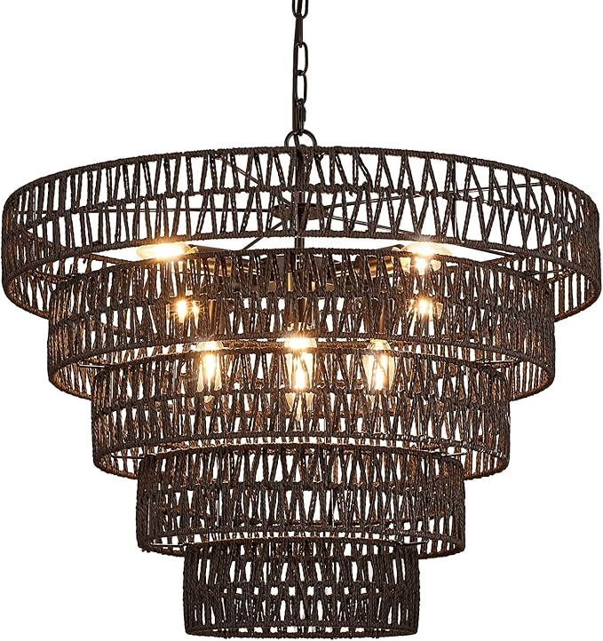 25.6” Black Hand-Woven Rattan Chandelier Vintage Farmhouse 8-Lights Boho Large Bamboo Chandelier Light Fixture Retro 5-Tier Drum Wicker Chandeliers for Dining Room, Kitchen, Bedroom, E12