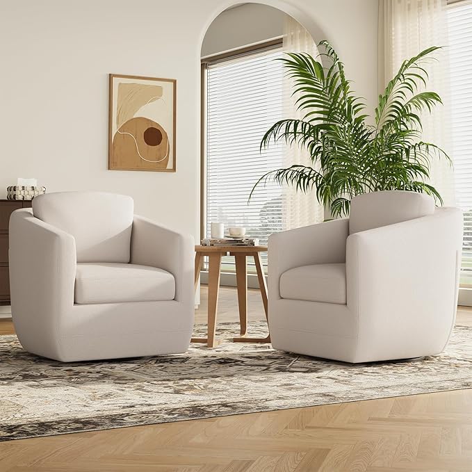 360° Swivel Accent Chair Set of 2- Comfy Living Room Armchair No-Sag Foam & Sturdy Metal Base with Pillow, Fully Assembled Swivel Accent Single Sofa for Bedroom Living Room, Office, Beige
