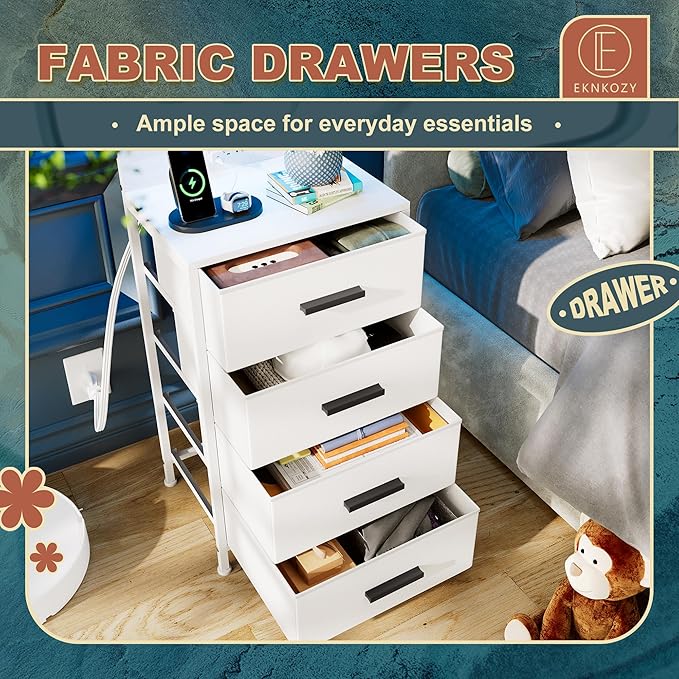 Nightstand 4 Drawer Dresser with LED Lights, Charging Station, Mesh Shelf with Hooks, Vertical Side Table with Fabric Drawers, End Table, Tall Dresser for Bedroom, Hallway, Entryway, White