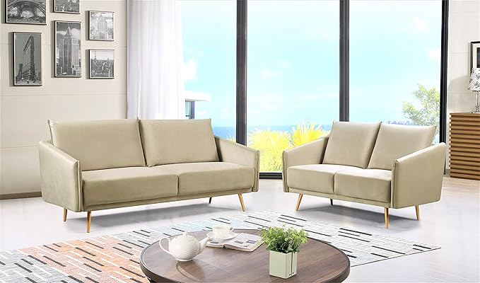 Container Furniture Direct Peterson Ultra Modern Velvet Living Room Loveseat, 44.49", Cream