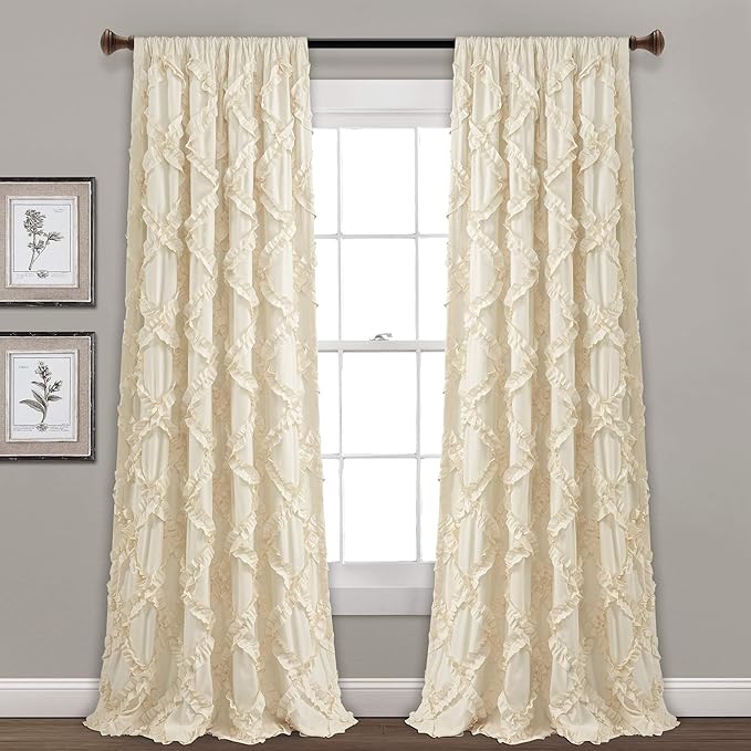 Lush Decor, Ivory Ruffle Diamond Curtains Textured Window Panel Set for Living, Dining Room, Bedroom (Pair), 95” x 54