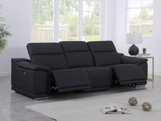 BlackJack Furniture Venice Top Grain Italian Leather Dual Power Recliner Sofa - 107" Theater Seating Modern Couch for Living Room Apartment Lounge Home with Adjustable Headrests & USB Port, Black