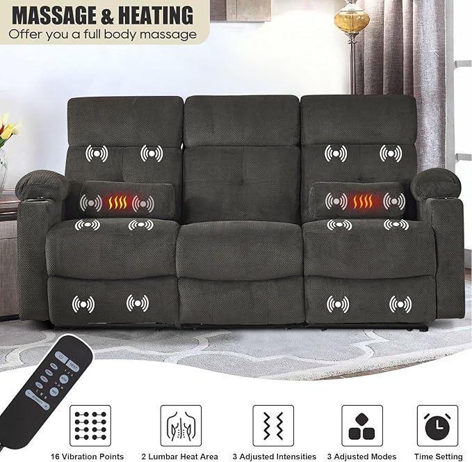 Power Reclining Sofa Set, 2 Pieces Reclining Living Room Set, Power Reclining Sofa and Loveseat Set, Recliner Sofa Set with Massage/Storage/Cup Houlder/USB Port for Living Room