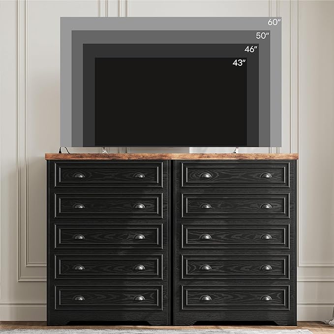 LIKIMIO 43" Tall 5 Drawers Dresser for Bedroom, Power Strip, Farmhouse Large Wood Dressers & Chest of Drawers with Wide Storage Cabinet, Black