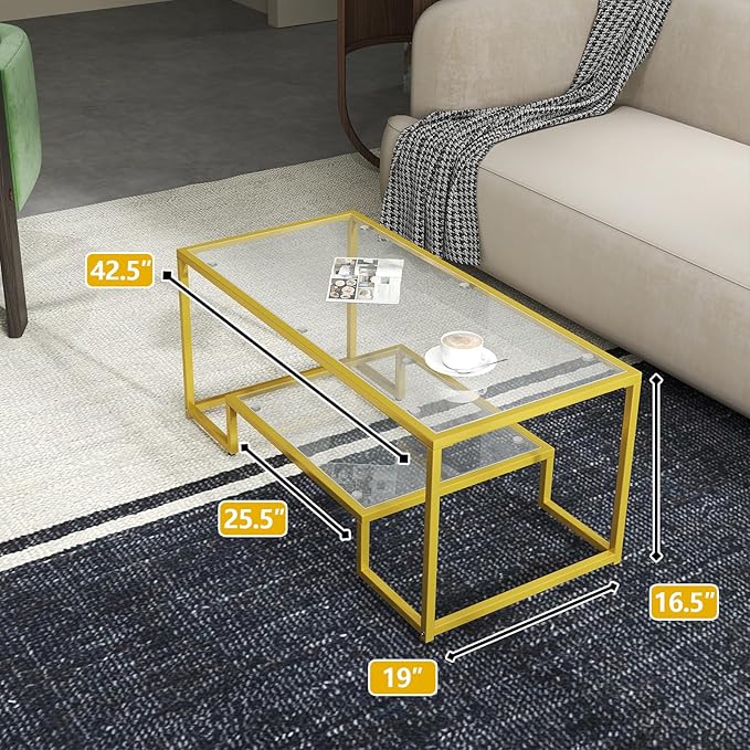 42" Rectangular Glass Coffee Table for Living Room, 2-Tier Center Tea Table with Metal Frame for Small Space, Apartment, Office (Gold)