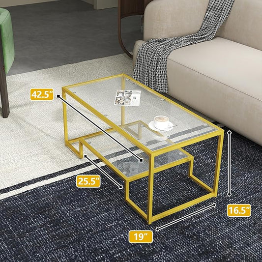 42" Rectangular Glass Coffee Table for Living Room, 2-Tier Center Tea Table with Metal Frame for Small Space, Apartment, Office (Gold)