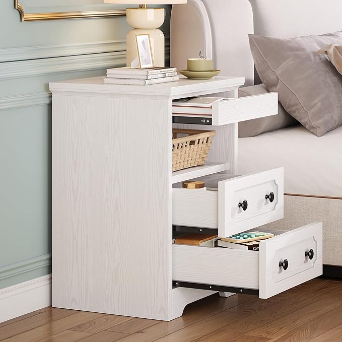 LIKIMIO Nightstand Set of 2, Night Stand with Pull Out Tray, Wooden Bedside Table with 2 Drawers and Open Shelf, Side Table for Bedroom, White