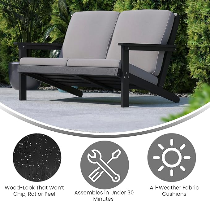Flash Furniture Charlestown Adirondack Style Deep Seat Patio Loveseat with Cushions - Black Poly Resin Frame - Charcoal All-Weather Cushions - Indoor/Outdoor