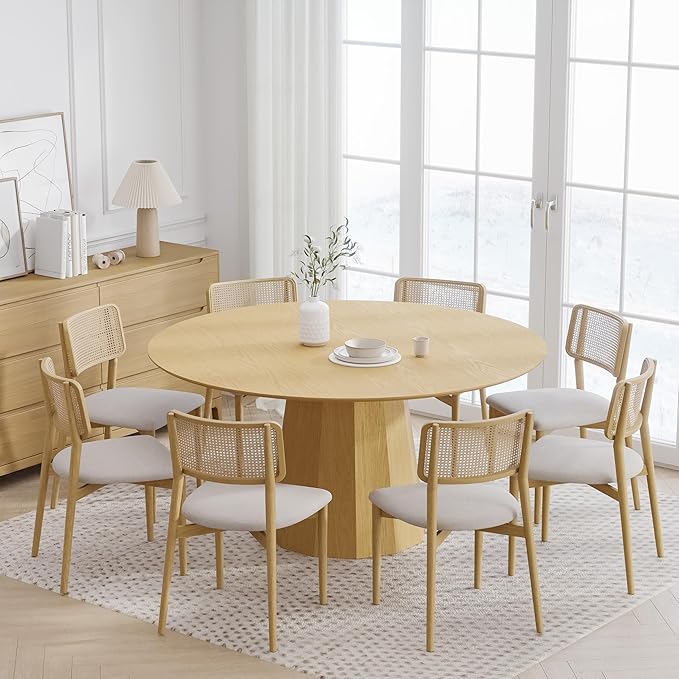 Casaphoria 60" Round Dining Table, Modern Wood Kitchen Table with Cone Shaped Strip Polygonal Base for Living Room & Dining Room, Easy Assembly Farmhouse Furniture for 4-6, Oak