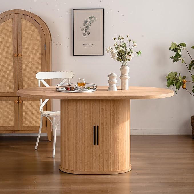 KEIKI Dining Table for 4-6, 59 Inch Modern Dining Room Table with 2-Layer Storage Shelf and Wood Slide Door, Oval Circle Dinner Furniture with Pedestal Base for Dining Room