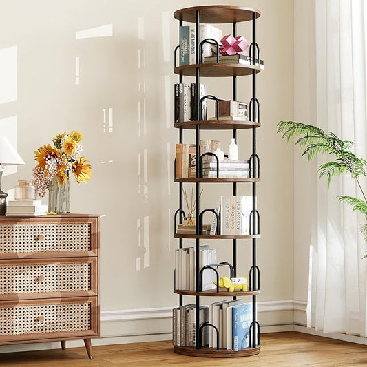 6 Tier Rotating Bookshelf Tower, 360° Display Round Bookcase, Floor Standing Corner Revolving Bookshelf Organizer Storage Rack for Home Study Office, Small Spaces (Black, 6 Tiers)
