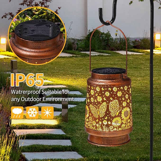 Butterfly Solar Lanterns Outdoor Waterproof Sunflower Garden Decor Birthday Gifts for Women Mom Grandma Hanging Solar Lights Metal Lantern Decoration Outside for Porch,Patio,Yard,Backyard