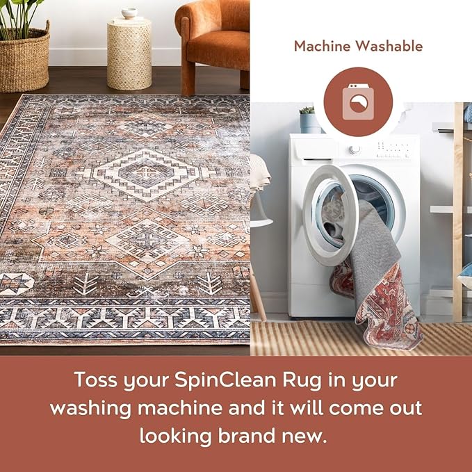 Nuloom SpinClean Bowie Rust/Ivory, 6' x 9', Vintage Oriental, Soft and Cozy, High Traffic, Stain Resistant, Easy Clean, Durable Washable Area Rug for Bedroom, Living Room, Dining, Entryway