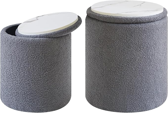 IBUYKE Storage Ottoman Set of 2 Round Ottoman Fleece Vanity Stool with Storage Velvet Footrest Stool End Table Boucle Ottoman for Home Organization Gray UWBD015G