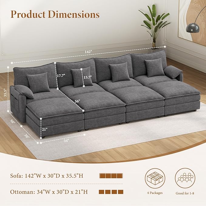 Vesgantti 142" Oversized Sectional Sofa Bed, 8-Seater Modular Sleeper Cloud Couch with Movable Ottoman, Chenille Convertible Sofa Set Deep Seat Couches for Living Room, Bedroom and Apartment, Gray | Sink-in Comfort, Height Adjustable, Easy Rearrangemen...