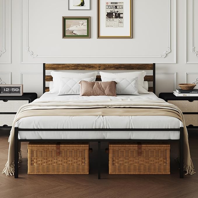 Metal Platform Queen Bed Frame with Headboard, Queen Size Bed Frame 59.8W x 82.7L x 36.2H inches, Wood and Faux Leather, Walnut (Walnut Colour, Queen)