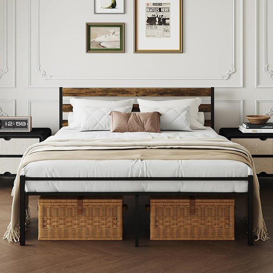 Metal Platform Queen Bed Frame with Headboard, Queen Size Bed Frame 59.8W x 82.7L x 36.2H inches, Wood and Faux Leather, Walnut (Walnut Colour, Queen)